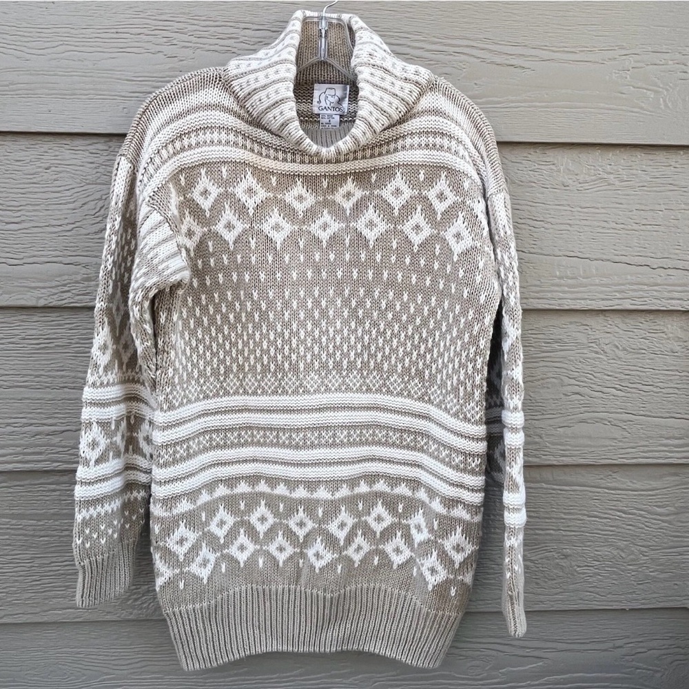 Gantos Beige Turtle Mock Neck Sweater Jumper Chunky Knit Cotton Baggy Oversize S